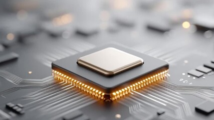 AI chip prototype glowing on circuit board with detailed electronic connections showcasing advanced technology and innovative circuit design