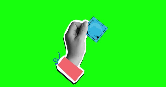 Hand holding packed condom. Modern collage style. Green screen background. 4K stop motion animation