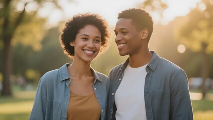A smiling couple enjoying a sunny day outdoors in a park