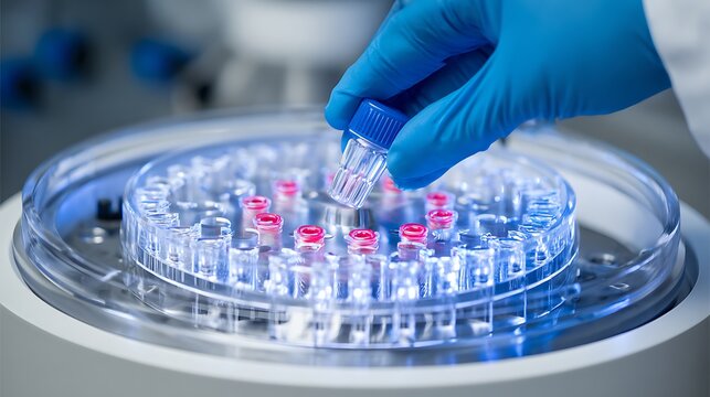 Scientist places sample in lab centrifuge.