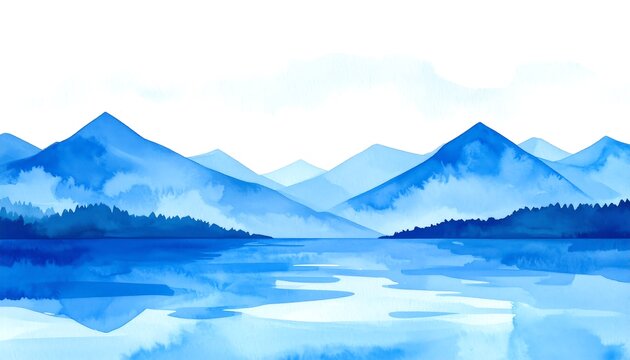 Watercolor landscape of misty mountains and lake - Powered by Adobe