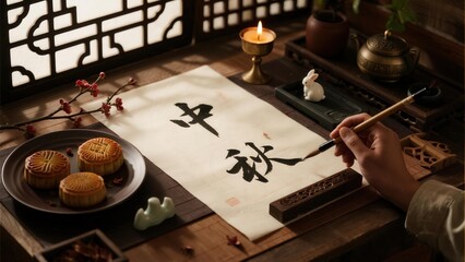 Person writing Chinese calligraphy with mooncakes and autumn decorations on a traditional wooden desk