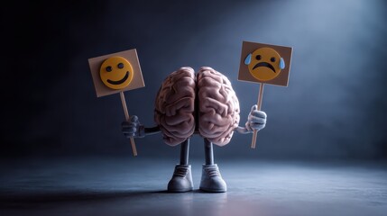 Dramatic 3D brain character holding a happy emoji sign in the left hand and a sad emoji sign in the right