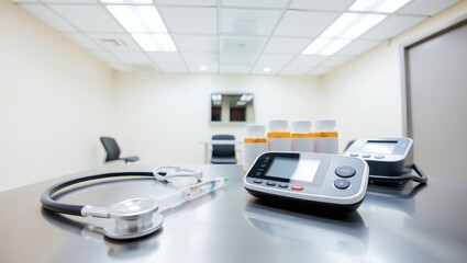A spotless medical table with a polished stainless steel surface is neatly arranged with essential equipment, including a silver stethoscope with a curved chest piece