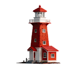 Red and white lighthouse with small house