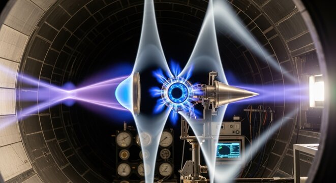 Visualization of shock waves and plasma generated within a supersonic flow in hypersonic wind tunnel test section for scramjet engine optimization.