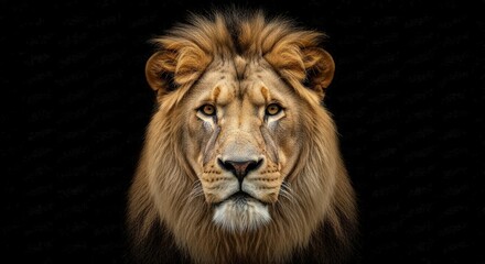 Fototapeta premium A majestic lions headshot framed by a dark background highlighting its detailed fur and intense gaze