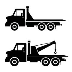 Two black tow trucks one with a flatbed and one with a hook in silhouette