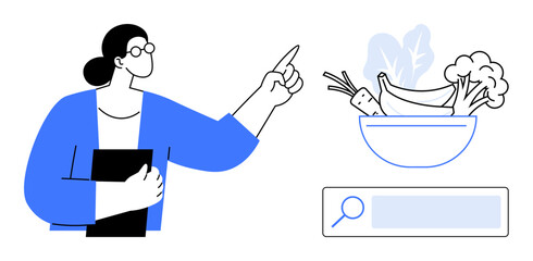 Nutrition expert pointing to a bowl filled with bananas, carrots, spinach, broccoli, and other produce, holding notes. Ideal for health, wellness, food blogs education diet tips consultations