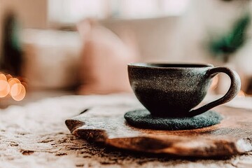 Cozy cup of coffee on wooden tray