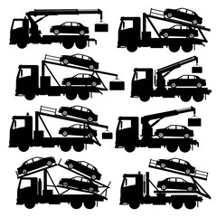Silhouette Collection Car Carrier Trucks with Sedans and Crane Lifting a Box