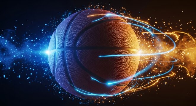 Ethereal Dual Energy Basketball with Radiant Blue and Orange Light Trails Against a Dark Background