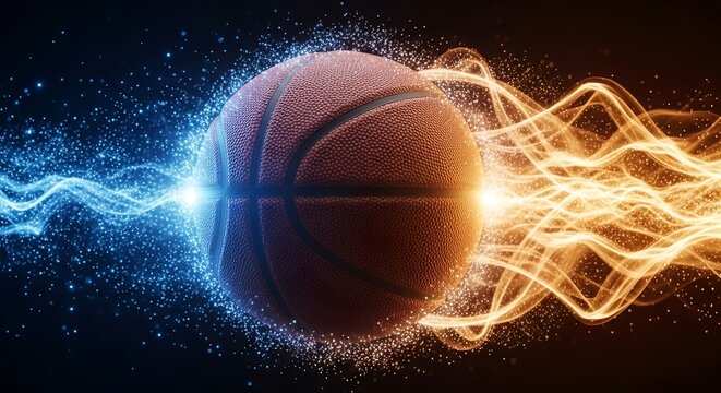 Suspended Basketball with Radiant Blue and Orange Particle Energy Streams on a Dark Background - Powered by Adobe