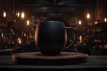 Dark mug on rustic wooden board in dimly lit interior