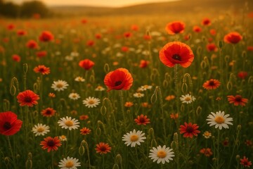 Fototapeta premium Vibrant poppies in sunset field.