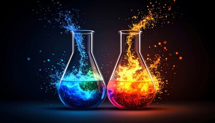 Two beakers with vibrant contrasting liquids