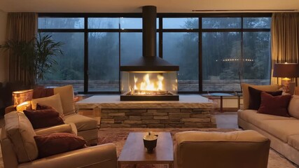 Luxury retreat interior boasts modern fireplace and serene rain view, perfect for cozy relaxation and sophisticated living ambiance