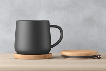 Black mug with wooden coaster and lid on light wooden surface