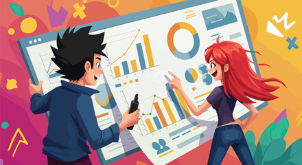 Obraz premium Animated data analysis meeting showcasing dynamic visualizations of statistics and growth