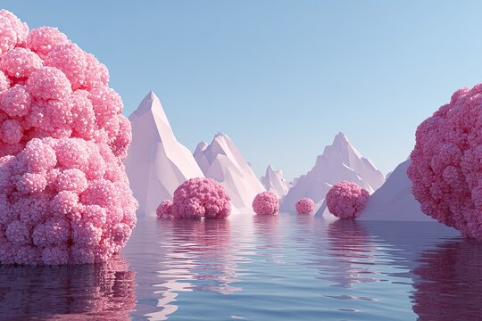 Pastel pink cherry blossoms, surreal landscape. Low, rounded mountains and light pink blossoms float in a calm water landscape. Soft light, serene