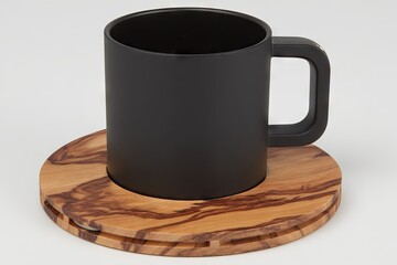 Black cup on light wood saucer