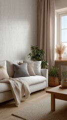 A serene and stylish living room featuring a neutral palette, plush pillows, greenery, and natural light, creating a calming atmosphere.