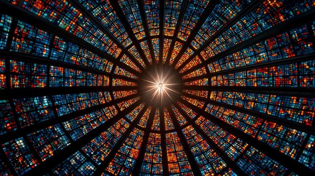 Vibrant stained glass dome with radial patterns and glowing star centerpiece illuminating intricate mosaic of colors