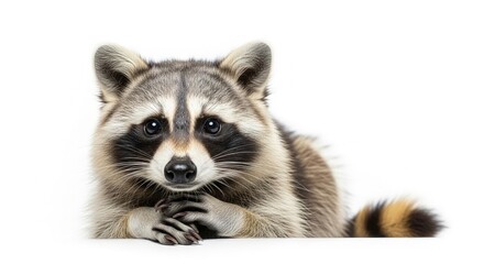 A raccoon lies hands clasped on a white surface staring forward Its bushy tail is visible