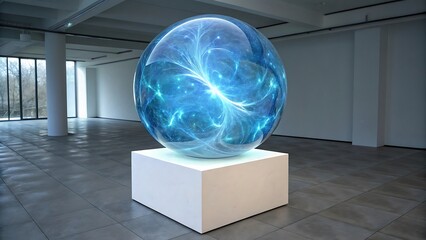 Luminous blue egg sculpture in modern gallery