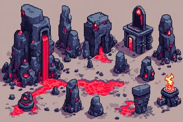Pixel art collection of dark, volcanic, rocky structures. Lava flows from various formations