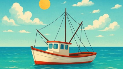 Naklejka premium Serene fishing boat illustration.
