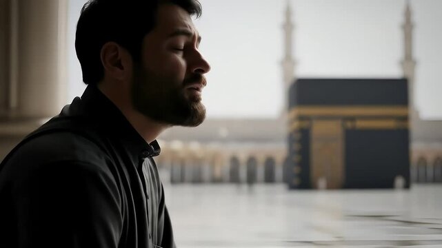 A Devout Muslim Man's Emotional Prayer and Supplication at the Holy Kaaba in Mecca