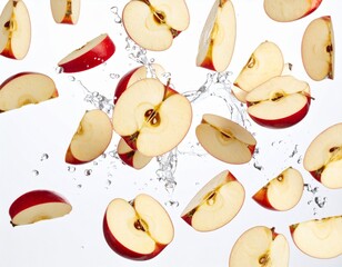 Red apples cut in halves, caught mid-air with water splashes for a refreshing presentation