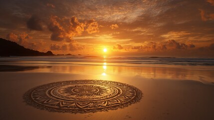 Sunset over ocean with warm orange sky and intricate circular mandala pattern drawn on sandy beach