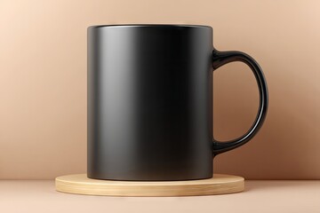 Blank black mug on wooden coaster