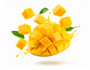A vibrant mango half cut into neat cubes, with juicy cubes splashing outward against a white background