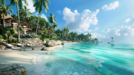 Tropical beach paradise with palm trees and turquoise water under a cloudy blue sky view scene