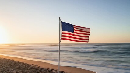 American flag waving proudly on a beautiful beach at sunrise, evoking freedom and patriotism, perfect for travel, tourism, and holiday promotions - Powered by Adobe