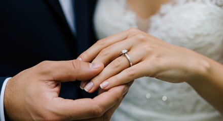 A loving groom holds the bride's hand, showcasing her engagement ring