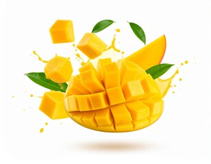 A juicy mango half with neat cubes, surrounded by mango slices and fresh green leaves