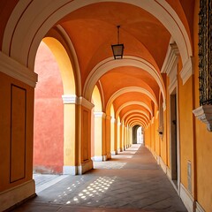 Obraz premium Sunlit arched corridor with warm orange walls