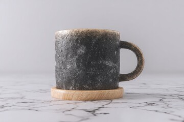 Dark gray/tan mug with wooden coaster on marble