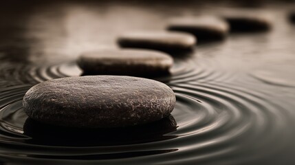 Line of smooth rounded stones creating gentle ripples in calm water with soft focus background for a serene and peaceful atmosphere