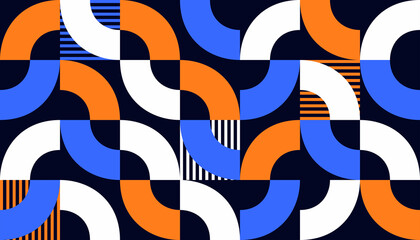 A vibrant geometric pattern of overlapping curved shapes in orange, blue, white, and black with striped segments. The interlocking design creates dynamic movement and bold abstract visual appeal.