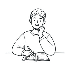 Young asian male writing in notebook with pensive expression. Vector illustration