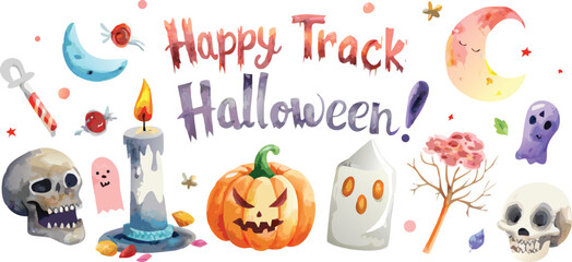 Fototapeta premium Celebrate the autumn season with a happy Halloween birthday card illustration featuring spooky jack-o'-lanterns, festive candles, and decorative bats