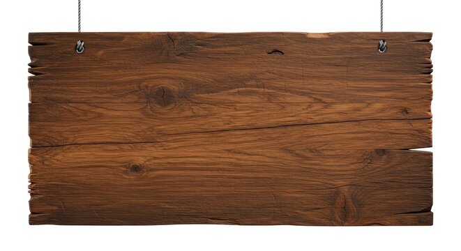 Rustic dark wood sign hanging from metal wires against a white background