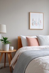 Soft pastels and natural textures create calming bedroom atmosph