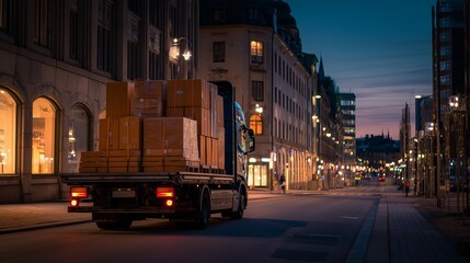 Delivery truck carrying stacked cardboard boxes driving through a peaceful city street at dusk with glowing building windows and streetlights
