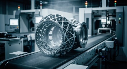 Obraz premium Newly 3D printed large titanium aerospace part cooling down on a conveyor belt in a modern largeformat additive manufacturing factory.